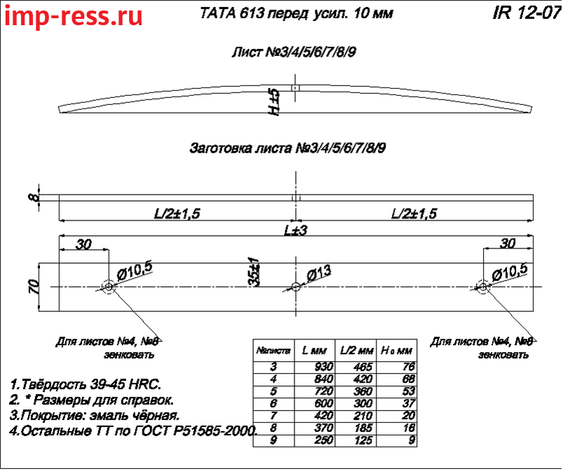 ТАТА 613 рессора передняя усиленная лист № 3 (Арт. IR 12-07-03)
,