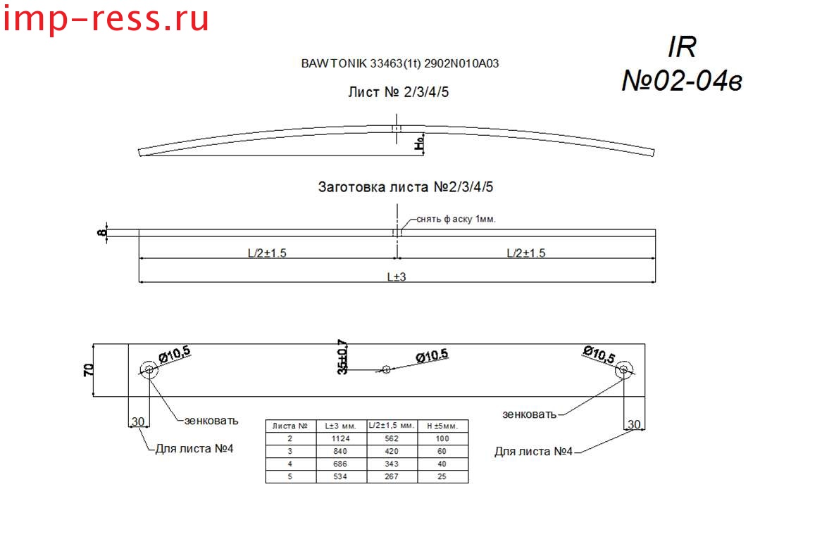BAW TONIK рессора передняя лист № 2 (Арт. IR 02-04-02),