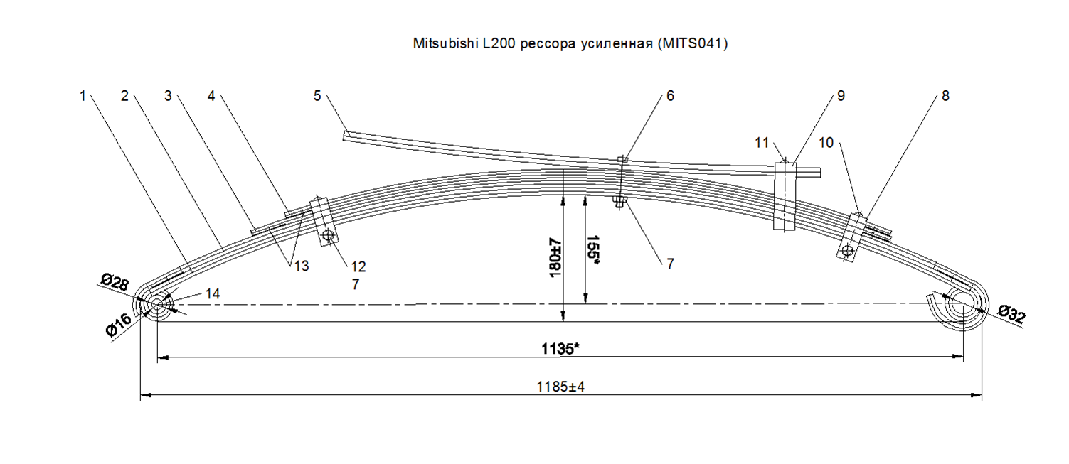 (аналог IRONMAN MITS041C) MITSUBISHI L200 с 2006-2014г, рессора задняя  усиленная (Арт. IR 01-24)
Усиление за счет изготовления коренного и подкоренного листа из полосы 70*10 (оригинал 70*7)
Второй и третий лист изготавливаются из полосы 70*8
Высота рессоры -180 мм (оригинал 155 мм)

,