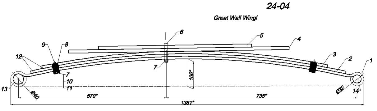 <b>ZX Great Wall Wingle рессора (Арт. IR 24-04)</b><br>
 <br>
 Рессора состоит из <b>5</b> листов <br>
 Листы изготавливаются из рессорной полосы сечением <b>60*10</b><br>
 Межцентровое расстояние по коренному листу <b>570/735</b><br>
 Диаметр ушей <b>40, 32</b><br>
<br>
 На все рессоры действует <b><i>гарантия</i></b> с момента покупки: <b>полгода <i>(6 месяцев)</i></b>,