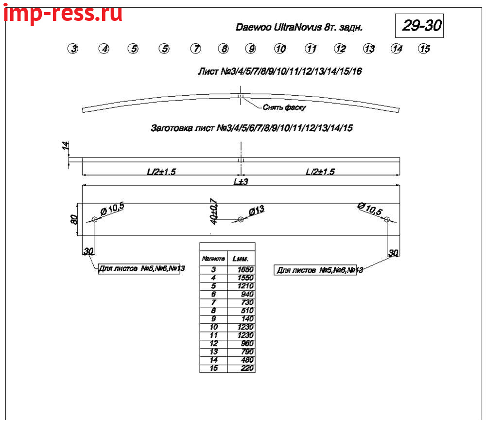 DAEWOO ULTRA NOVUS 8 т рессора задняя лист №4   (IR 29-30-04)
Может изготавливаться из полосы 80*15 (в оригинале 80*14),