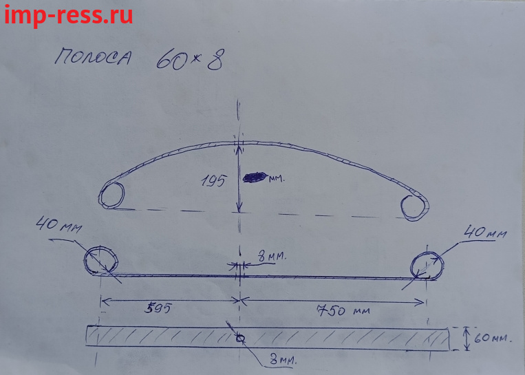 Рессора коренной лист 60*8 595-750 по эскизу,Изготовление рессор на заказ по образцами или чертежам. Для заказа свяжитесь с нами. Напишите <a href="mailto:k@imp-ress.ru">на почту</a> или позвоните <a href="mailto:+7%20902-47-57-150">по телефону</a>.