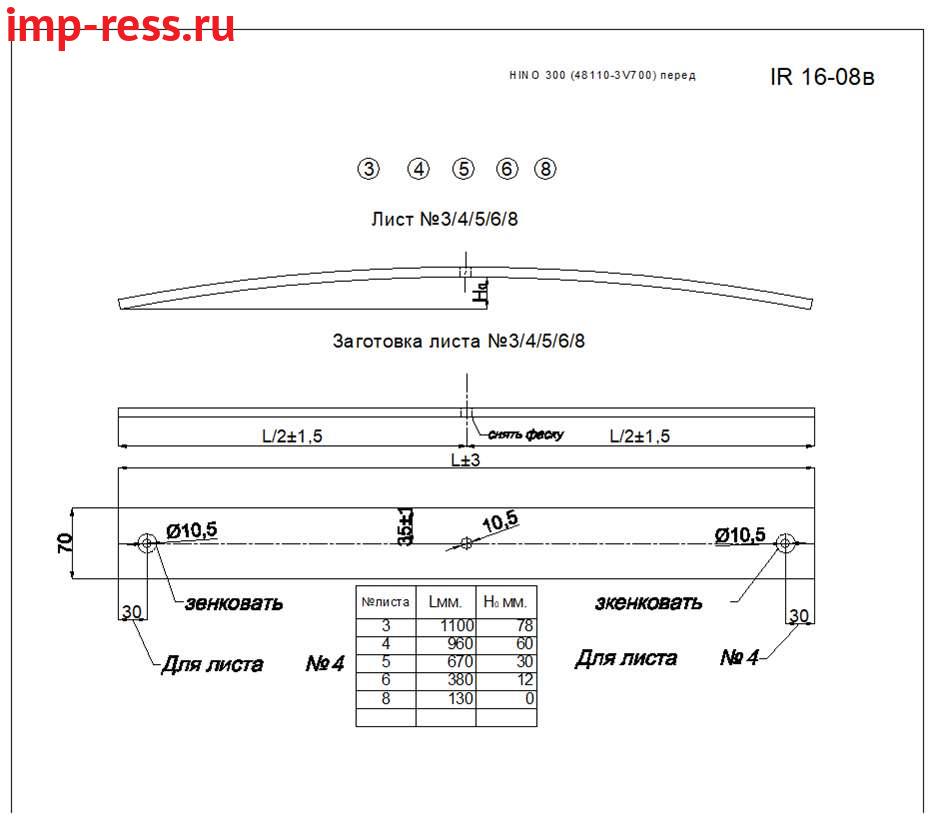 HINO 300 рессора передняя лист № 5 (Арт. IR 16-08-05),