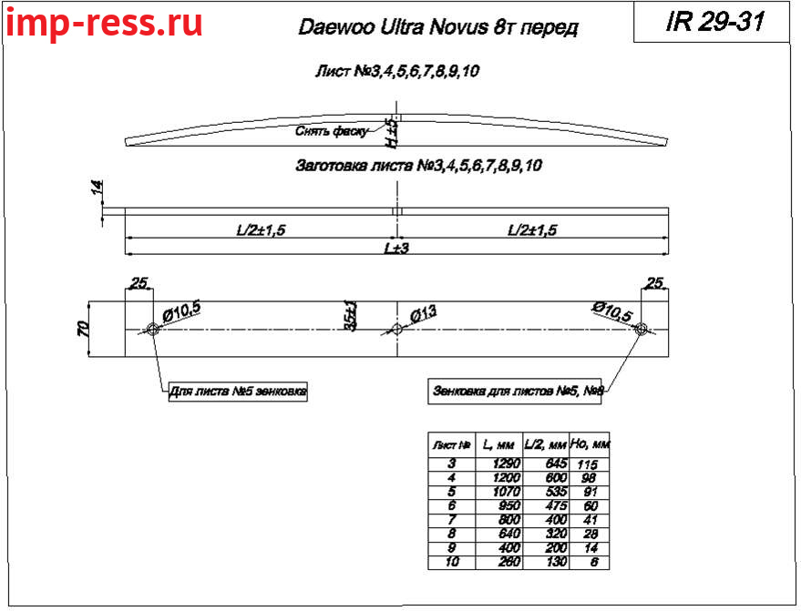 DAEWOO ULTRA NOVUS 8 т рессора передняя лист №3 (IR 29-31-03),