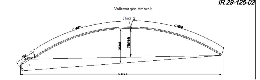 VOLKSWAGEN AMAROK  рессора 5-ти листовая усиленная, лист № 2 (IR 29-125-02)
Лист комплектуется противоскрипными пластинами, без хомутов.,