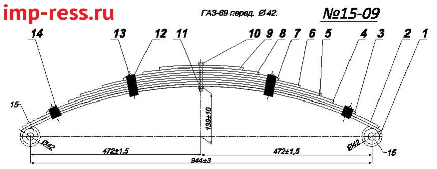 ГАЗ 69 рессора передняя  без подгиба (Арт. IR 15-09),