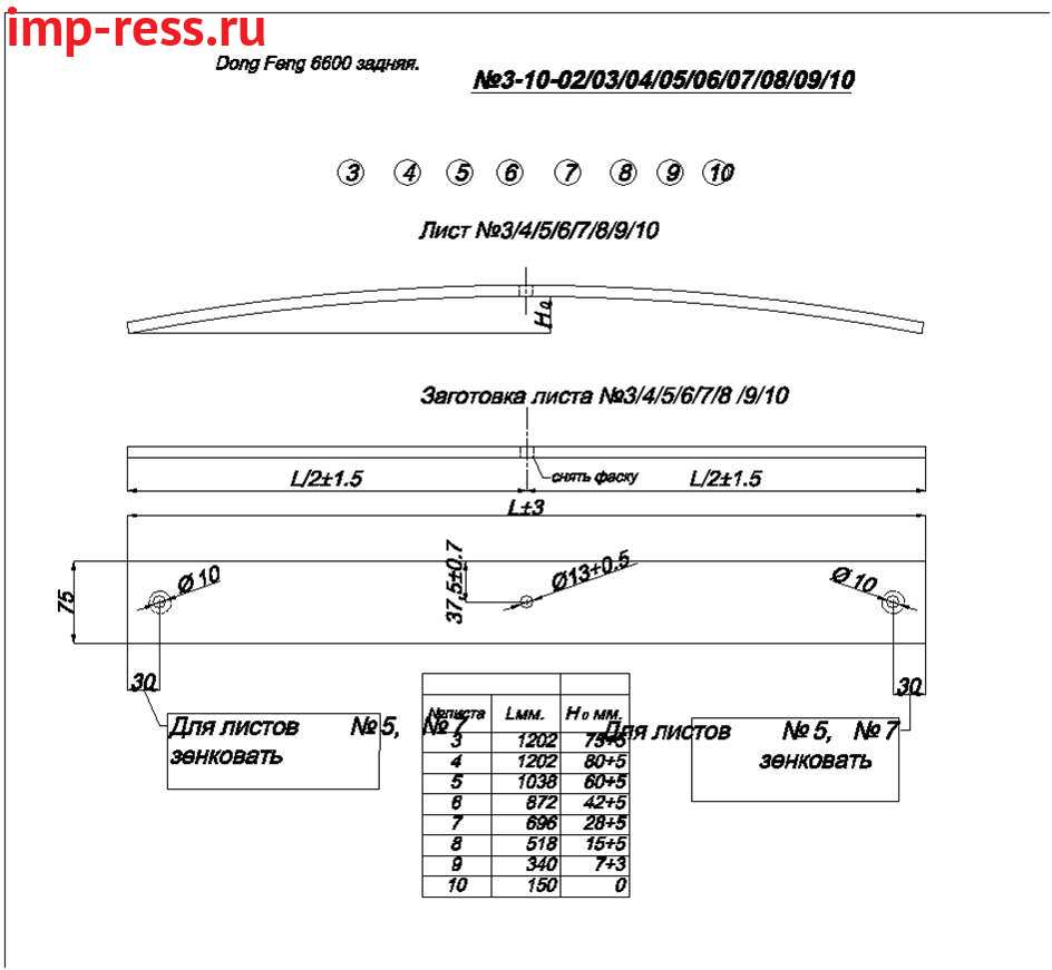 DONG FENG 6600 рессора задняя лист №3  (Арт. IR 03-10-03)
Может изготавливаться из полосы 75*10,