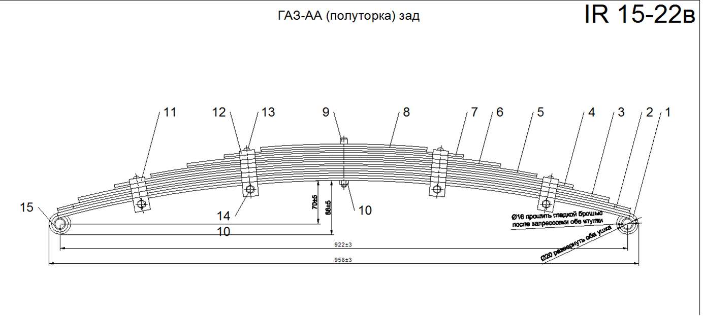 IR 15-22в аналог ГАЗ-5150 (полуторка ГАЗ-АА) рессора задняя
Рессора изготавливается из полосы 50*8 (в оригинале 55*8)
,